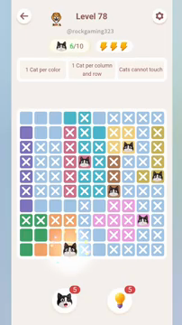 Meowdoku Level 78 step 6 screenshot showing the cat placement at D10 with 6 of 10 cats visible on the board.