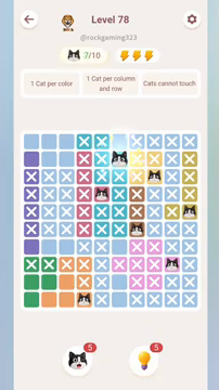 Meowdoku Level 78 step 7 screenshot showing the cat placement at F2 with 7 of 10 cats visible on the board.