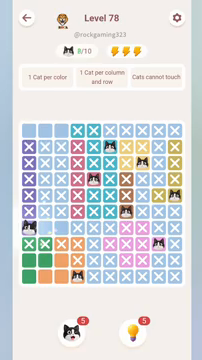 Meowdoku Level 78 step 8 screenshot showing the cat placement at A7 with 8 of 10 cats visible on the board.