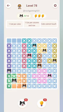Meowdoku Level 78 step 9 screenshot showing the cat placement at B9 with 9 of 10 cats visible on the board.