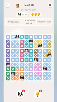 Meowdoku Level 78 step 10 screenshot showing the cat placement at C1 with 10 of 10 cats visible on the board.