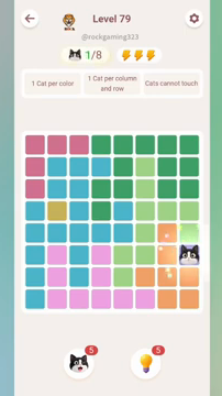 Meowdoku Level 79 step 1 screenshot showing the cat placement at H6 with 1 of 8 cats visible on the board.