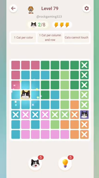 Meowdoku Level 79 step 2 screenshot showing the cat placement at B4 with 2 of 8 cats visible on the board.