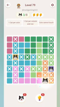 Meowdoku Level 79 step 3 screenshot showing the cat placement at G8 with 3 of 8 cats visible on the board.