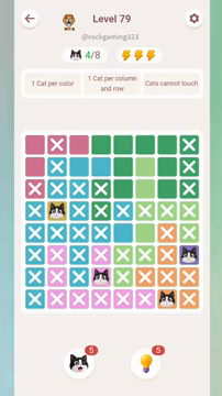 Meowdoku Level 79 step 4 screenshot showing the cat placement at D7 with 4 of 8 cats visible on the board.