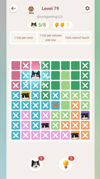 Meowdoku Level 79 step 5 screenshot showing the cat placement at C2 with 5 of 8 cats visible on the board.