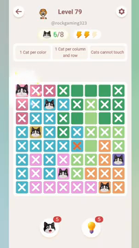 Meowdoku Level 79 step 6 screenshot showing the cat placement at A1 with 6 of 8 cats visible on the board.