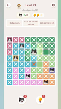 Meowdoku Level 79 step 7 screenshot showing the cat placement at E3 with 7 of 8 cats visible on the board.