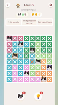 Meowdoku Level 79 step 8 screenshot showing the cat placement at F5 with 8 of 8 cats visible on the board.