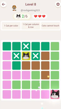 Meowdoku Level 8 step 2 screenshot showing the cat placement at F6 with 2 of 6 cats visible on the board.