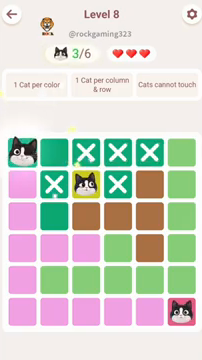 Meowdoku Level 8 step 3 screenshot showing the cat placement at A1 with 3 of 6 cats visible on the board.