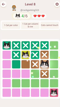 Meowdoku Level 8 step 4 screenshot showing the cat placement at E3 with 4 of 6 cats visible on the board.