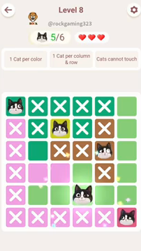 Meowdoku Level 8 step 5 screenshot showing the cat placement at D5 with 5 of 6 cats visible on the board.