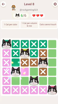 Meowdoku Level 8 step 6 screenshot showing the cat placement at B4 with 6 of 6 cats visible on the board.