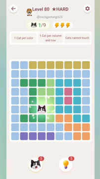 Meowdoku Level 80 step 1 screenshot showing the cat placement at D6 with 1 of 9 cats visible on the board.