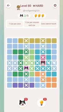 Meowdoku Level 80 step 2 screenshot showing the cat placement at G5 with 2 of 9 cats visible on the board.