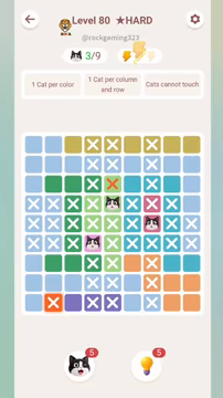 Meowdoku Level 80 step 3 screenshot showing the cat placement at E4 with 3 of 9 cats visible on the board.