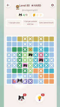 Meowdoku Level 80 step 4 screenshot showing the cat placement at C9 with 4 of 9 cats visible on the board.