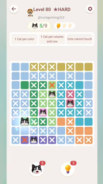 Meowdoku Level 80 step 5 screenshot showing the cat placement at B7 with 5 of 9 cats visible on the board.