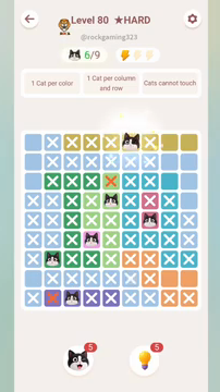 Meowdoku Level 80 step 6 screenshot showing the cat placement at F1 with 6 of 9 cats visible on the board.