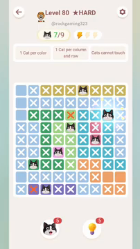 Meowdoku Level 80 step 7 screenshot showing the cat placement at H3 with 7 of 9 cats visible on the board.