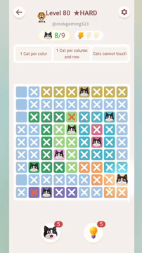 Meowdoku Level 80 step 8 screenshot showing the cat placement at I8 with 8 of 9 cats visible on the board.