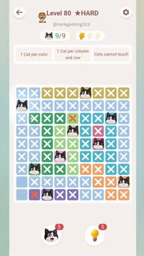 Meowdoku Level 80 step 9 screenshot showing the cat placement at A2 with 9 of 9 cats visible on the board.
