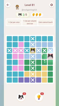 Meowdoku Level 81 step 2 screenshot showing the cat placement at H4 with 2 of 8 cats visible on the board.