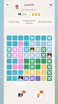 Meowdoku Level 81 step 3 screenshot showing the cat placement at C8 with 3 of 8 cats visible on the board.