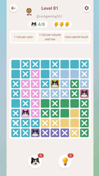 Meowdoku Level 81 step 4 screenshot showing the cat placement at B6 with 4 of 8 cats visible on the board.