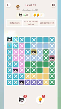 Meowdoku Level 81 step 5 screenshot showing the cat placement at A1 with 5 of 8 cats visible on the board.