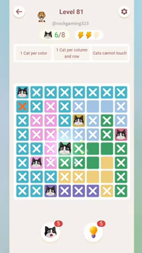 Meowdoku Level 81 step 6 screenshot showing the cat placement at D5 with 6 of 8 cats visible on the board.