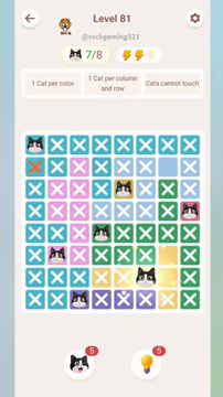 Meowdoku Level 81 step 7 screenshot showing the cat placement at F7 with 7 of 8 cats visible on the board.