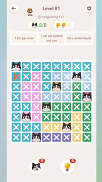 Meowdoku Level 81 step 8 screenshot showing the cat placement at G2 with 8 of 8 cats visible on the board.