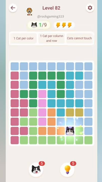 Meowdoku Level 82 step 1 screenshot showing the cat placement at G8 with 1 of 9 cats visible on the board.
