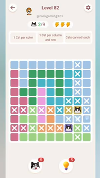 Meowdoku Level 82 step 2 screenshot showing the cat placement at H6 with 2 of 9 cats visible on the board.