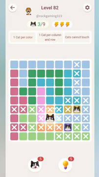 Meowdoku Level 82 step 3 screenshot showing the cat placement at E7 with 3 of 9 cats visible on the board.