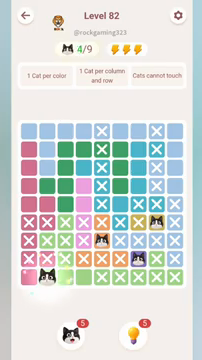 Meowdoku Level 82 step 4 screenshot showing the cat placement at B9 with 4 of 9 cats visible on the board.