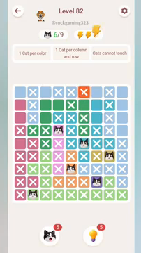 Meowdoku Level 82 step 6 screenshot showing the cat placement at F5 with 6 of 9 cats visible on the board.