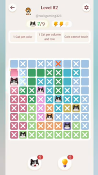 Meowdoku Level 82 step 7 screenshot showing the cat placement at A3 with 7 of 9 cats visible on the board.