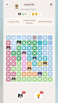 Meowdoku Level 82 step 8 screenshot showing the cat placement at C2 with 8 of 9 cats visible on the board.