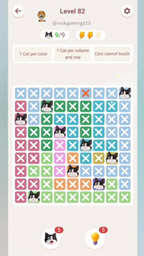Meowdoku Level 82 step 9 screenshot showing the cat placement at I1 with 9 of 9 cats visible on the board.