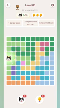 Meowdoku Level 83 step 1 screenshot showing the cat placement at A5 with 1 of 10 cats visible on the board.
