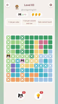 Meowdoku Level 83 step 2 screenshot showing the cat placement at D6 with 2 of 10 cats visible on the board.