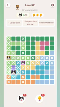 Meowdoku Level 83 step 3 screenshot showing the cat placement at B8 with 3 of 10 cats visible on the board.