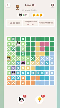 Meowdoku Level 83 step 4 screenshot showing the cat placement at C2 with 4 of 10 cats visible on the board.
