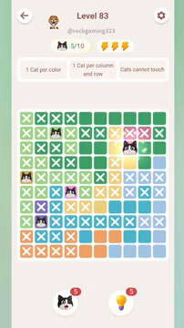 Meowdoku Level 83 step 5 screenshot showing the cat placement at H3 with 5 of 10 cats visible on the board.