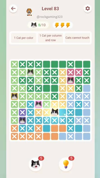 Meowdoku Level 83 step 6 screenshot showing the cat placement at F7 with 6 of 10 cats visible on the board.