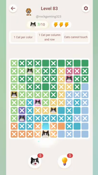 Meowdoku Level 83 step 7 screenshot showing the cat placement at E10 with 7 of 10 cats visible on the board.