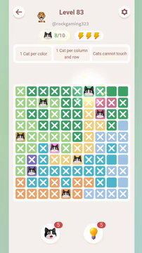 Meowdoku Level 83 step 8 screenshot showing the cat placement at G1 with 8 of 10 cats visible on the board.